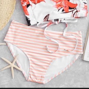 Peach Striped High-Waist Bikini Bottoms
